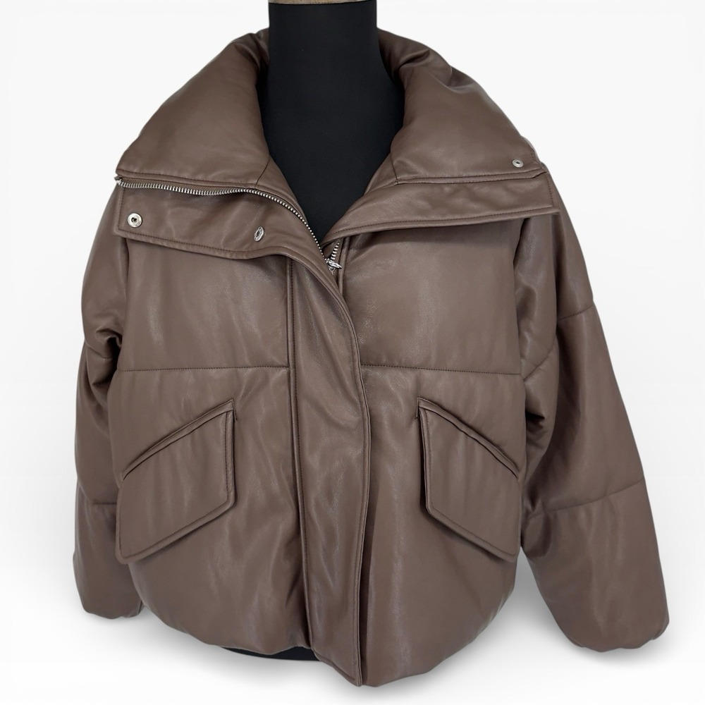 Pistola Donovan Puffer Jacket Vegan Leather Espresso Brown Women's Small NWT